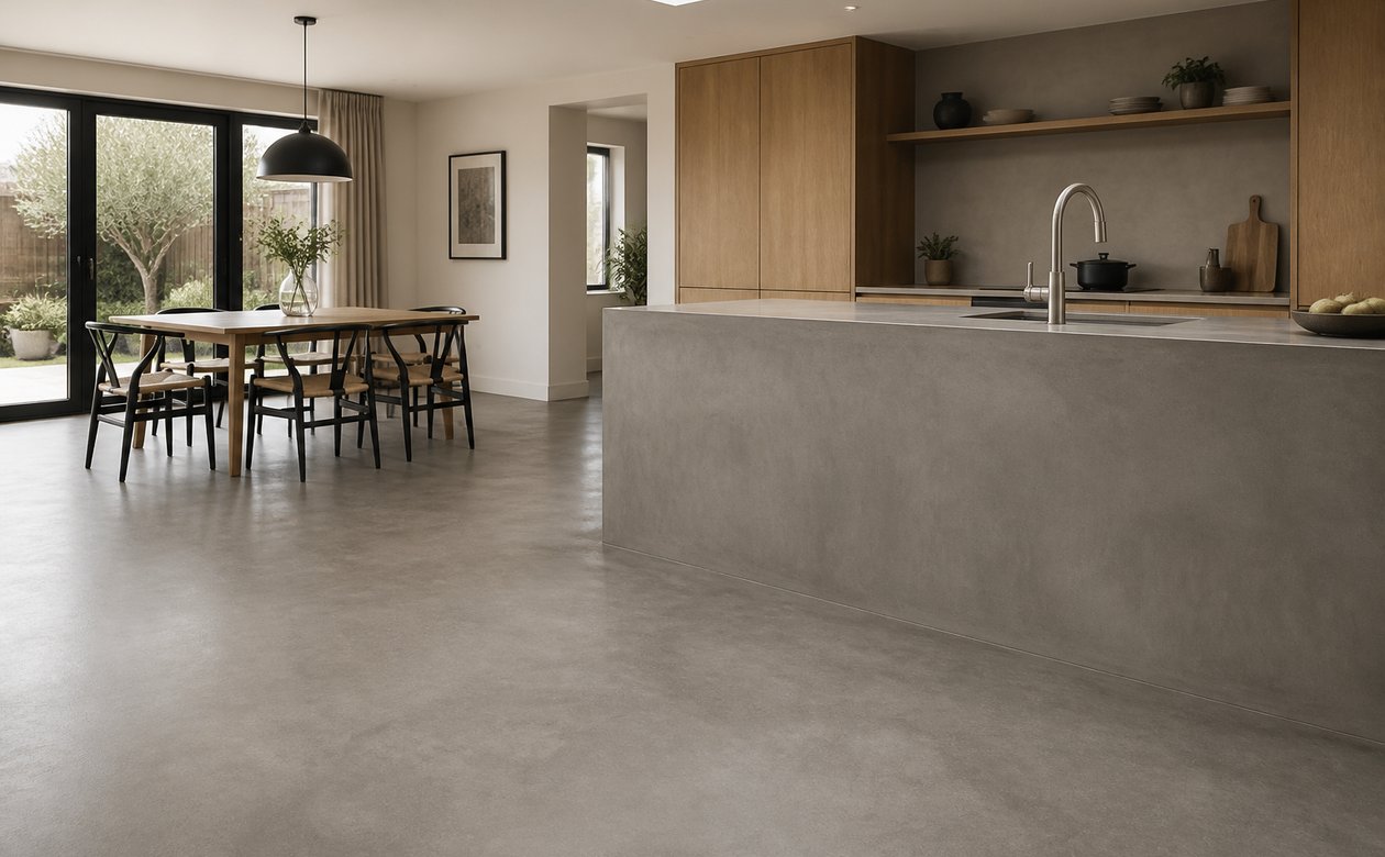 Continuous microcement floor and kitchen island finish