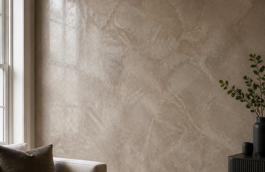 Warm neutral Venetian plaster wall with a polished hand-applied finish